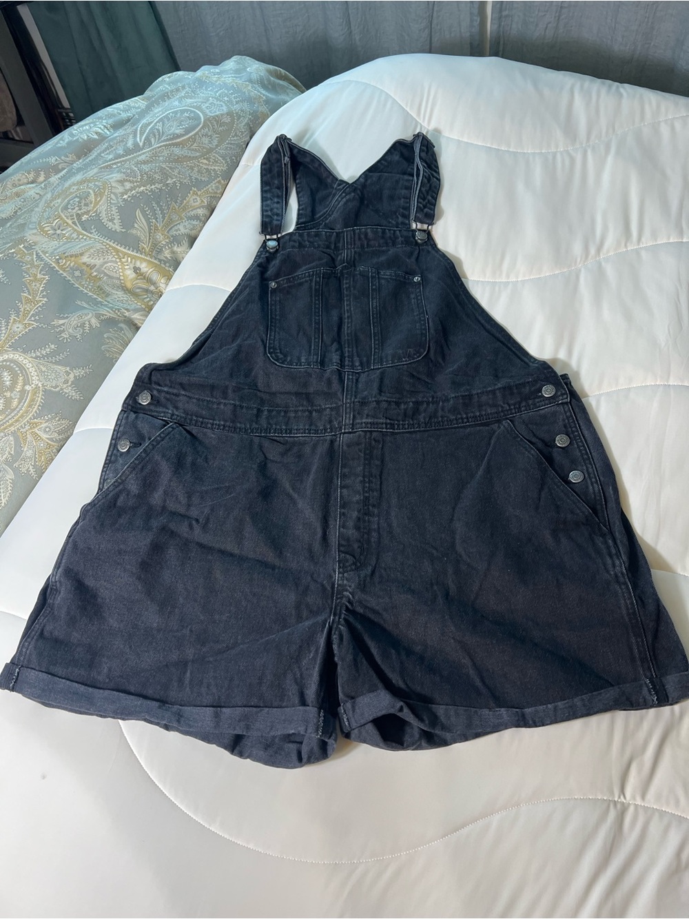 Black Denim Short Overalls